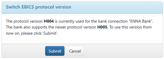 Switching the EBICS protocol version, here: Switch to the current version