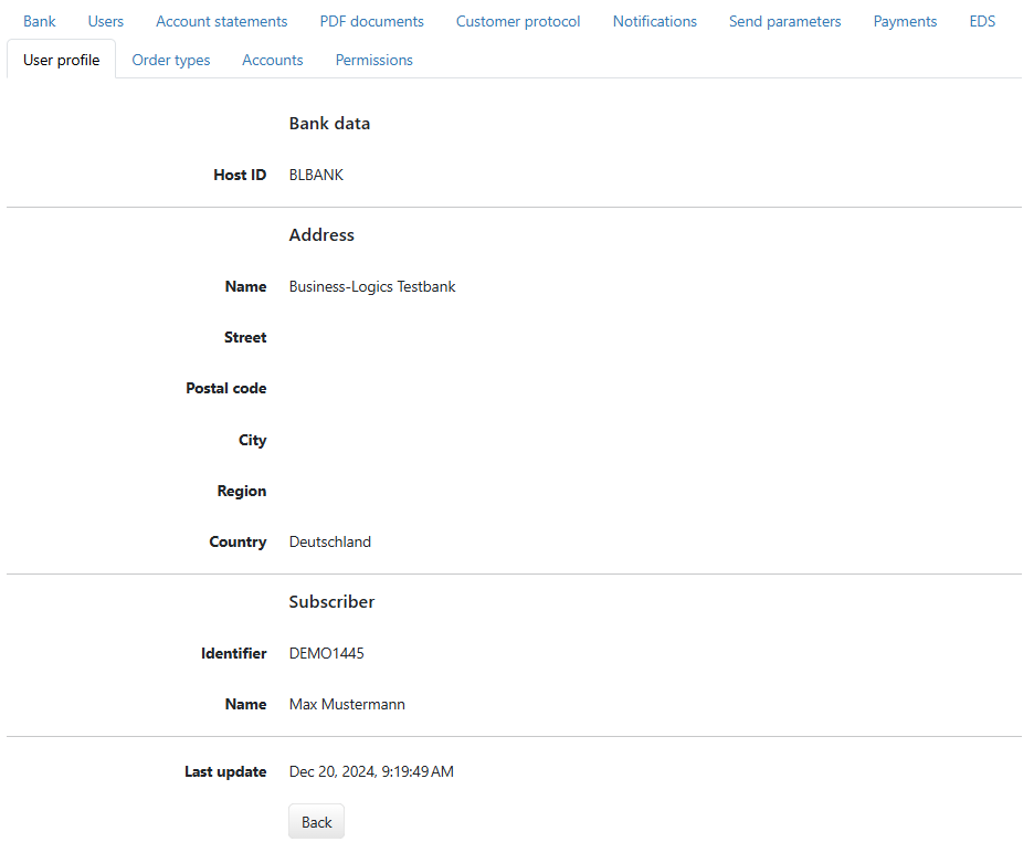 Bank and subscriber information in the user profile