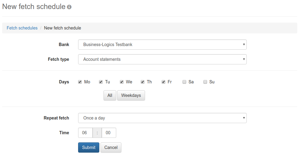 Form for entering a fetch schedule