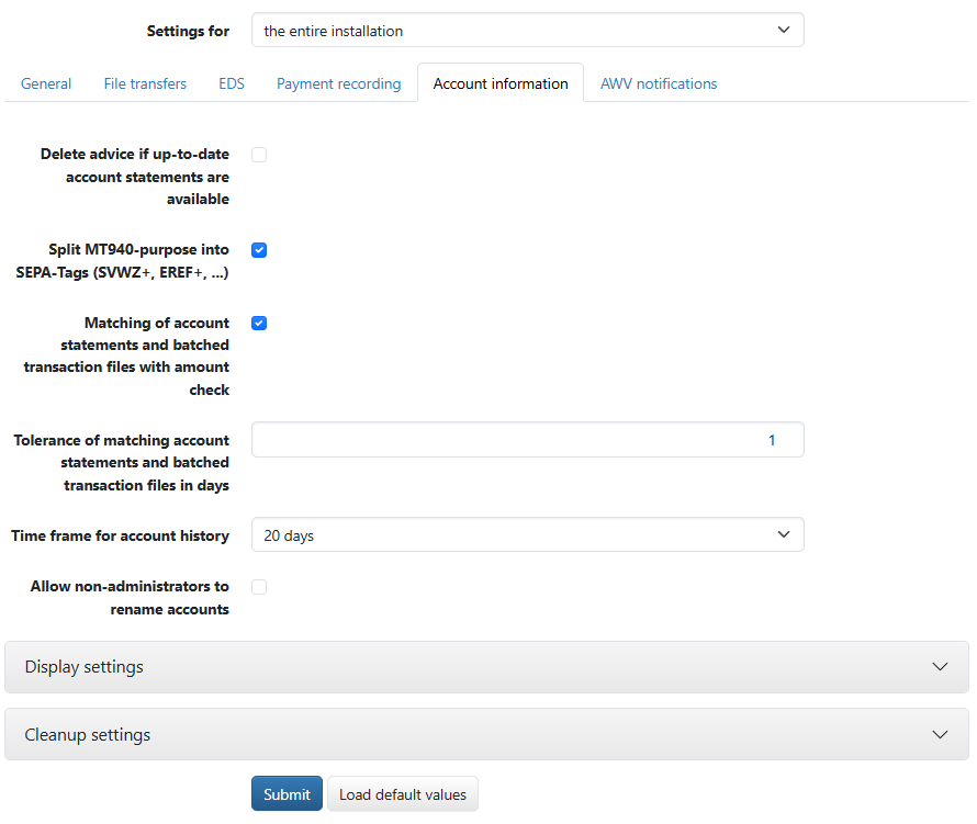 System settings for account information