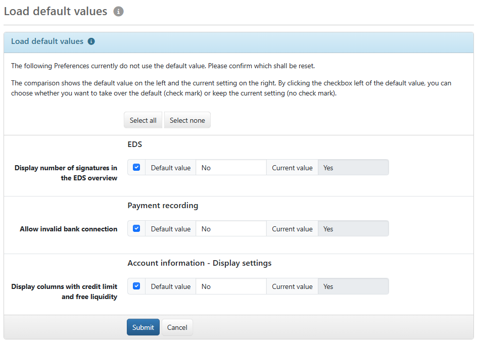 Example of a comparison of default values and current values