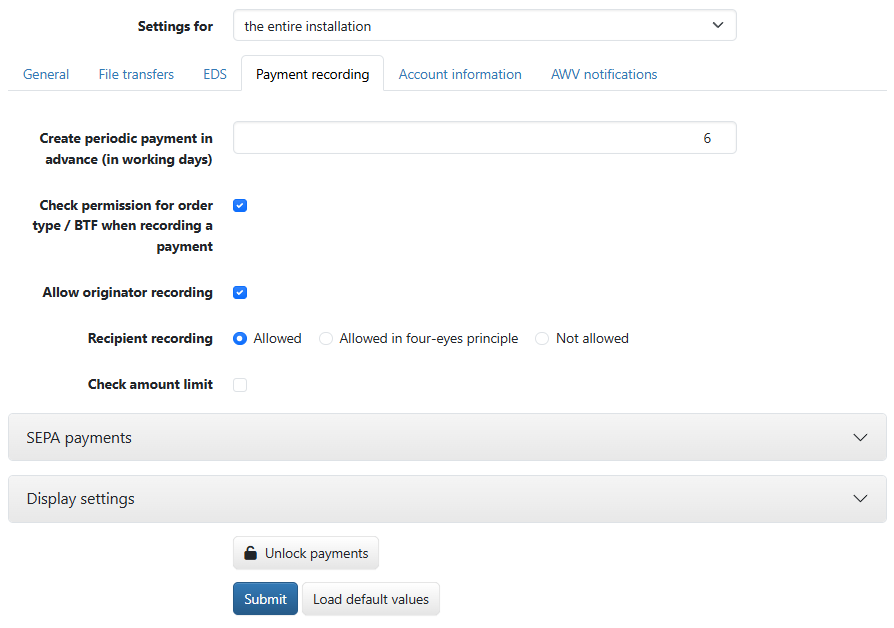 System settings for payment recording