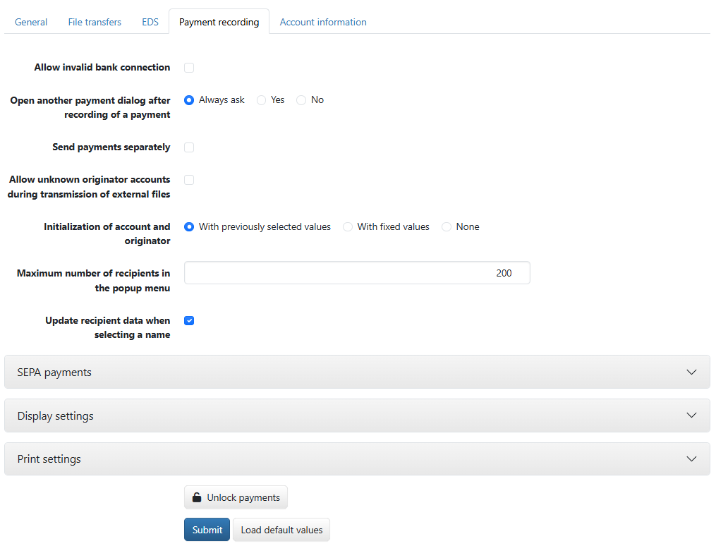 User preferences for payment recording