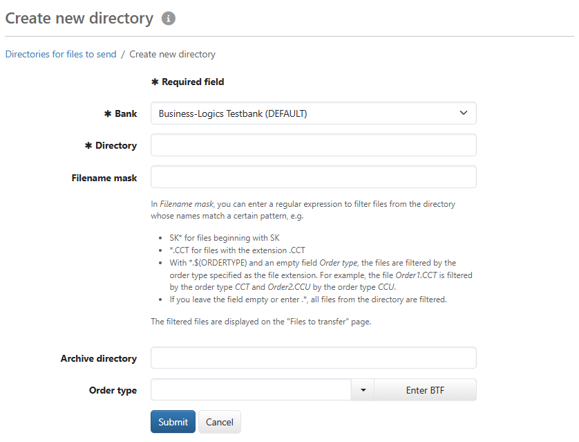 Form for entering a directory for files to send