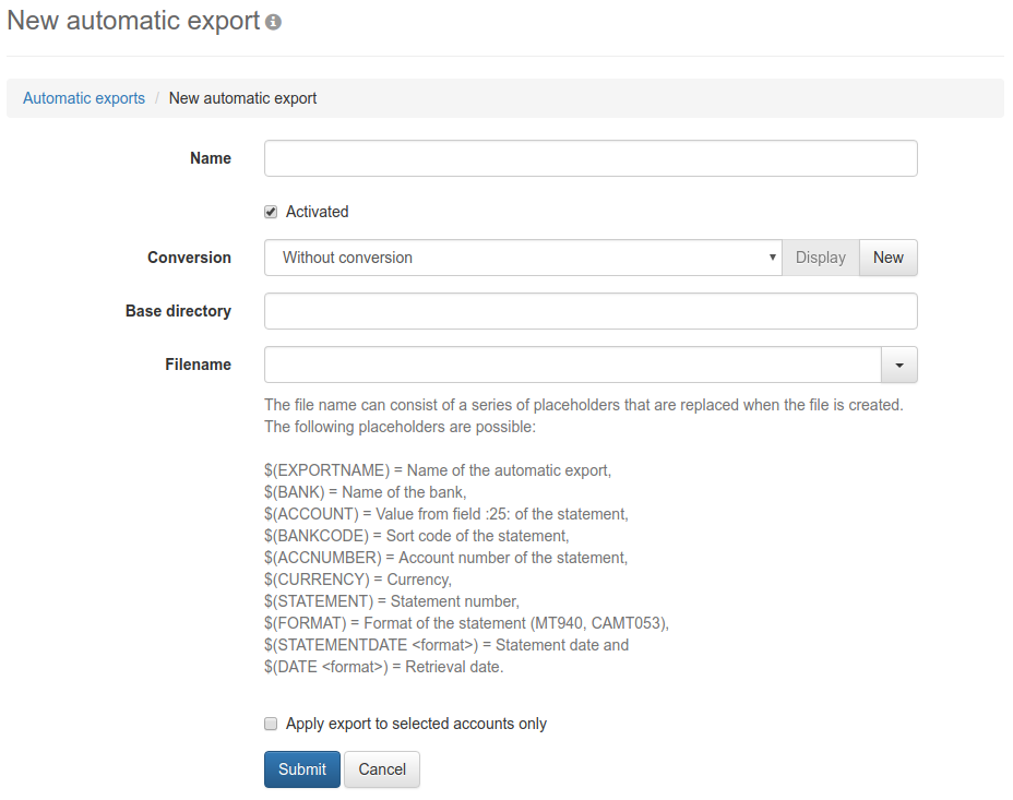 Form for entering an automatic export