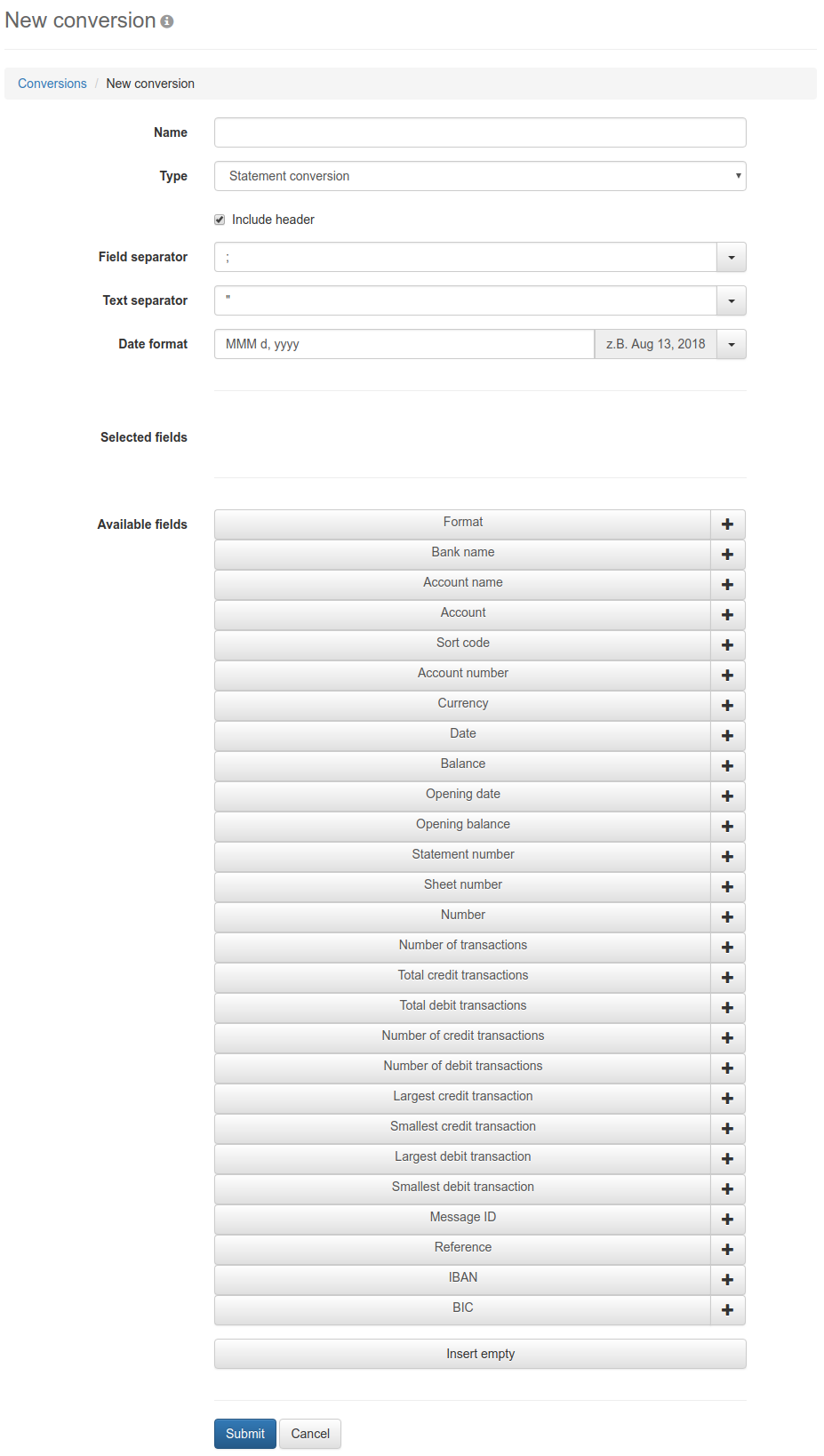 Form for entering a conversion